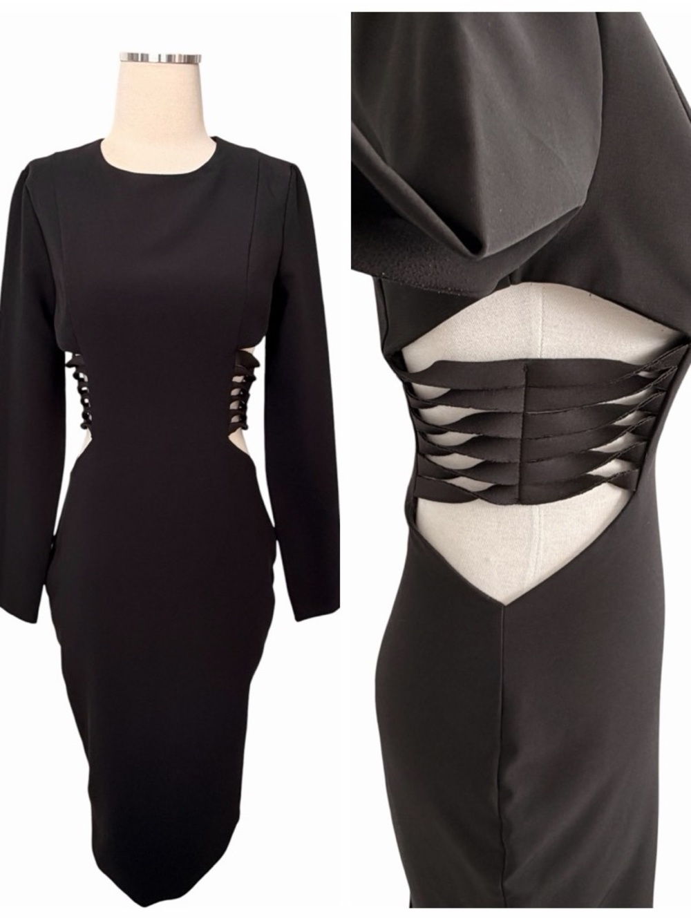 AQUA AQ/AQ Elegant Black Long-Sleeve Cutout Midi Dress Sz 4